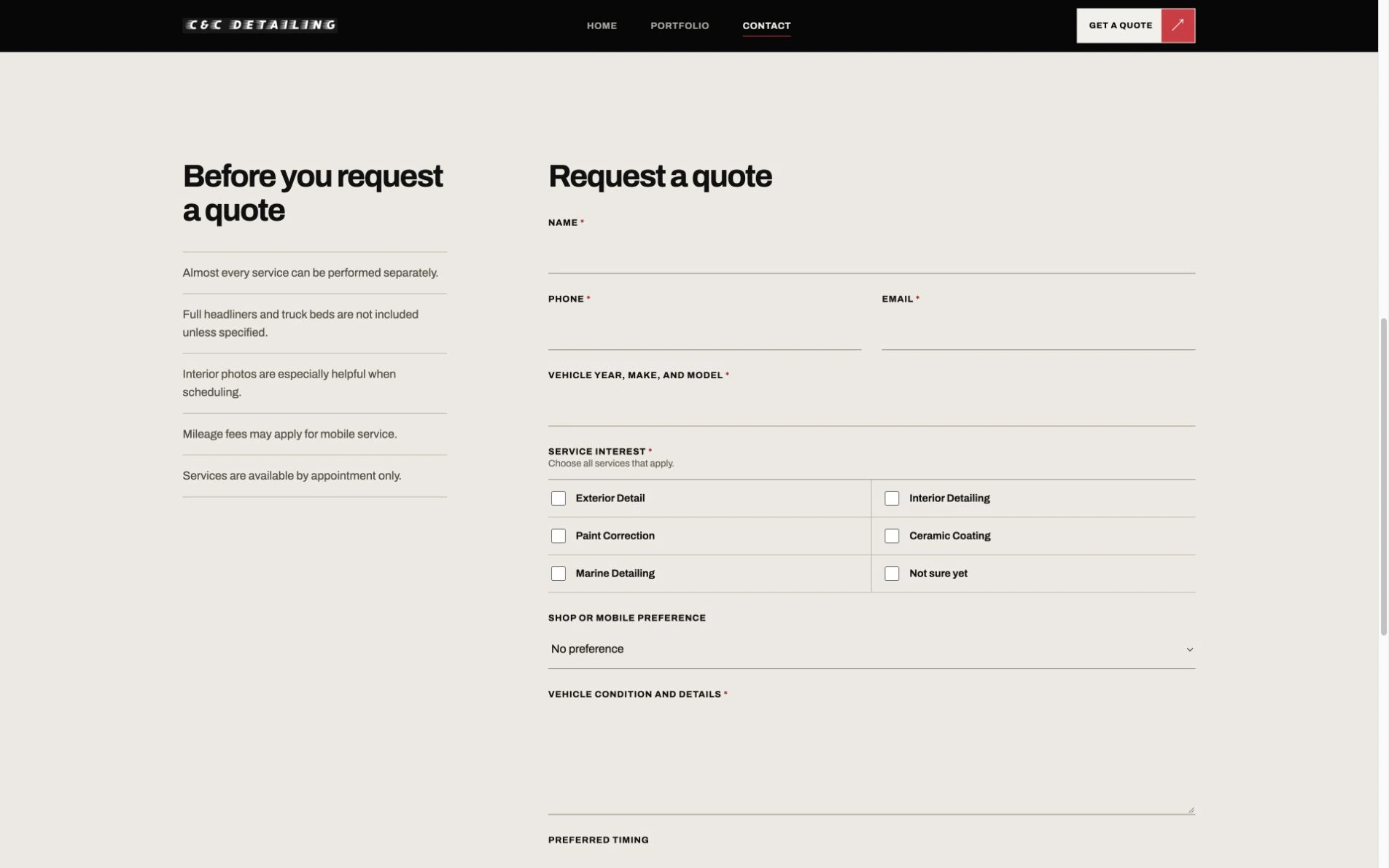 C&C Detailing website: A quote starts with the right details.