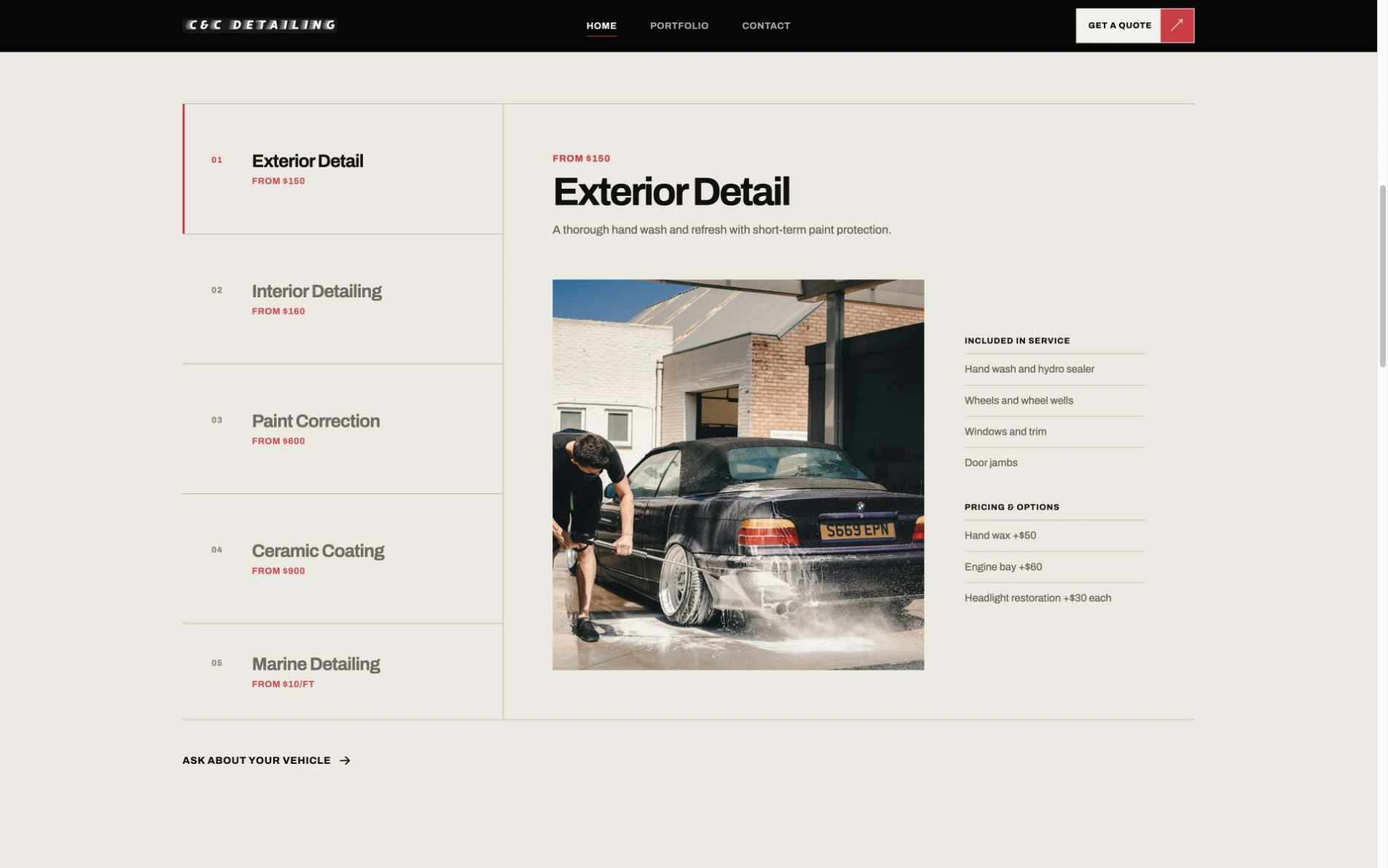 C&C Detailing website: Services made easier to compare.