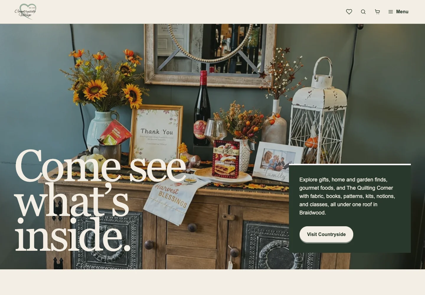 Countryside Village Gifts homepage with cream and forest green styling, store photography, and large serif headings