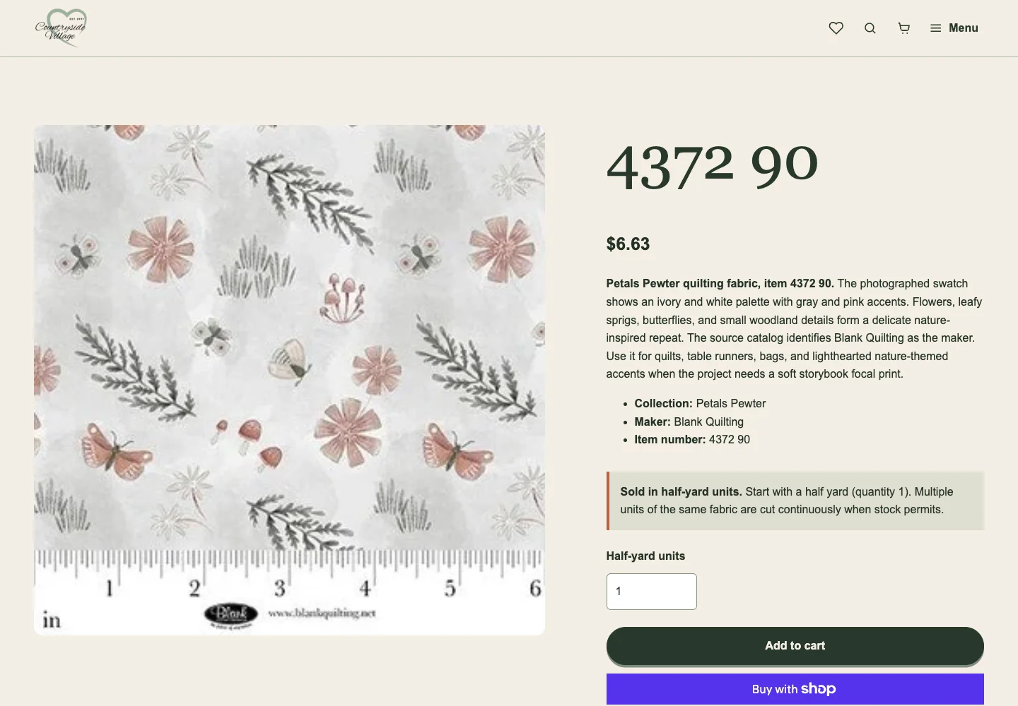 Countryside Village Gifts fabric product page with fabric imagery, item details, half-yard ordering information, and shopping controls