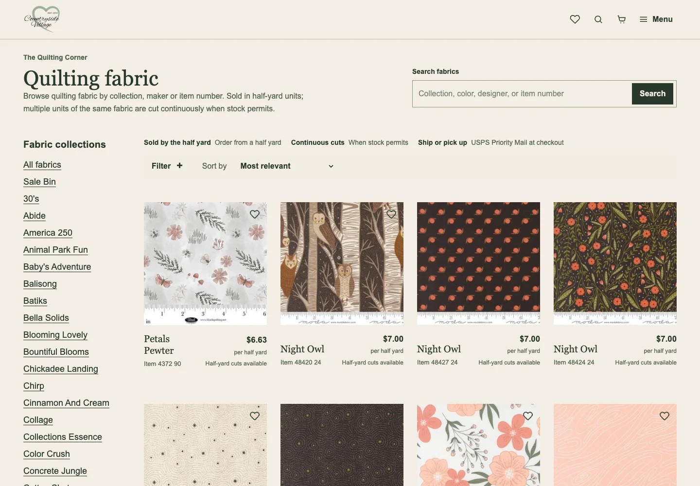 Countryside Village Gifts online fabric store with collection navigation, search, filters, fabric photographs, and half-yard prices