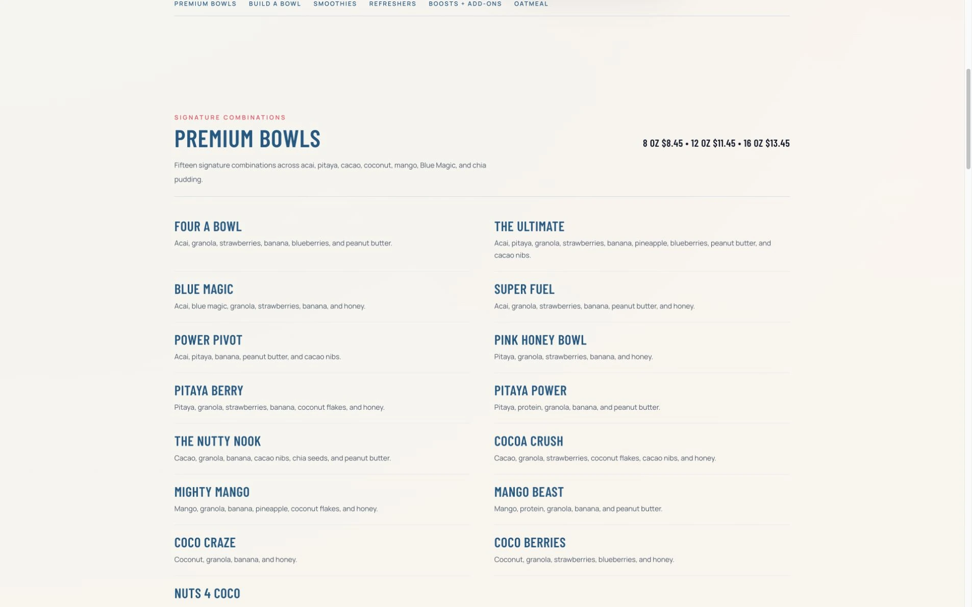 Current Four-A-Bowl premium bowl menu with ingredients, sizes, and prices