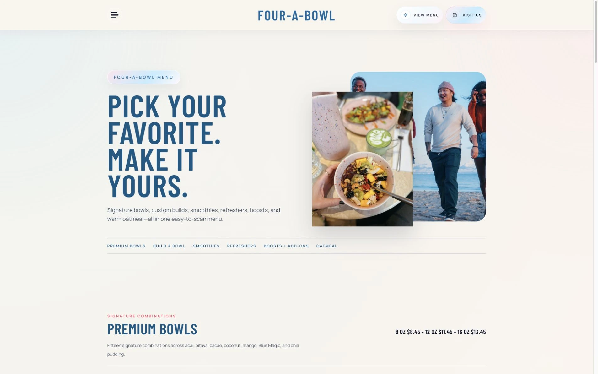 Current Four-A-Bowl menu page with its introduction and lifestyle imagery
