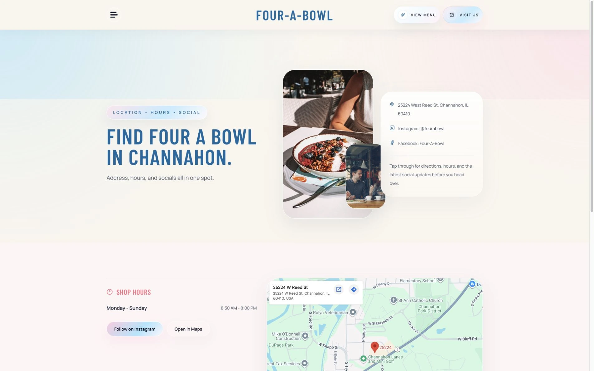 Current Four-A-Bowl visit page with Channahon location details and bowl photography