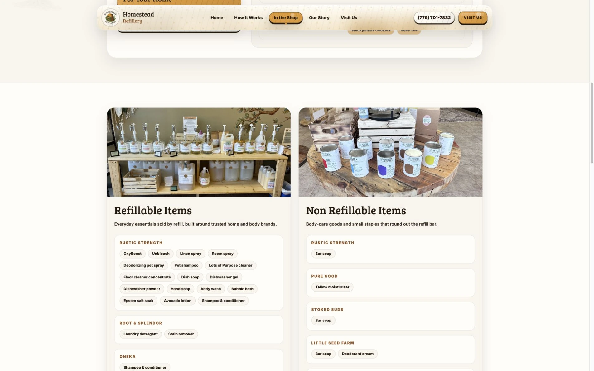 Homestead Refillery website: Organize the shop around everyday needs.