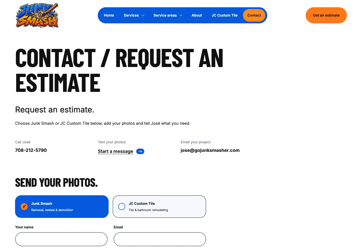 Junk Smash website: Start the estimate with a photo.