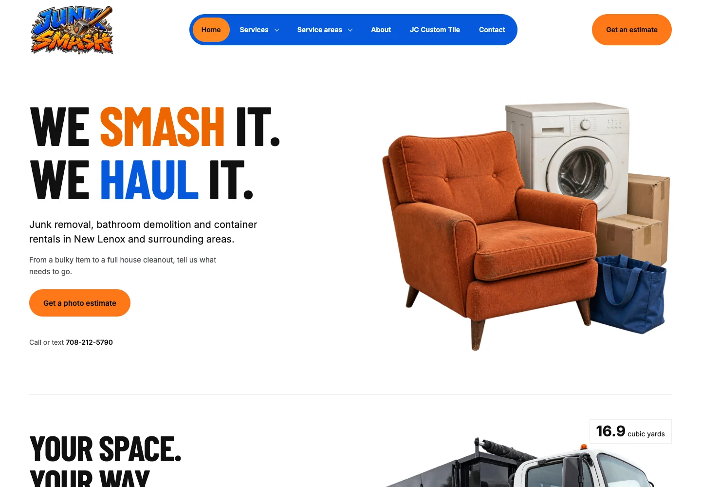 Junk Smash homepage with bold typography, junk removal services, and a photo estimate action