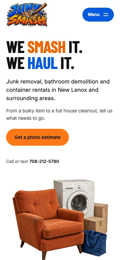 Junk Smash mobile homepage