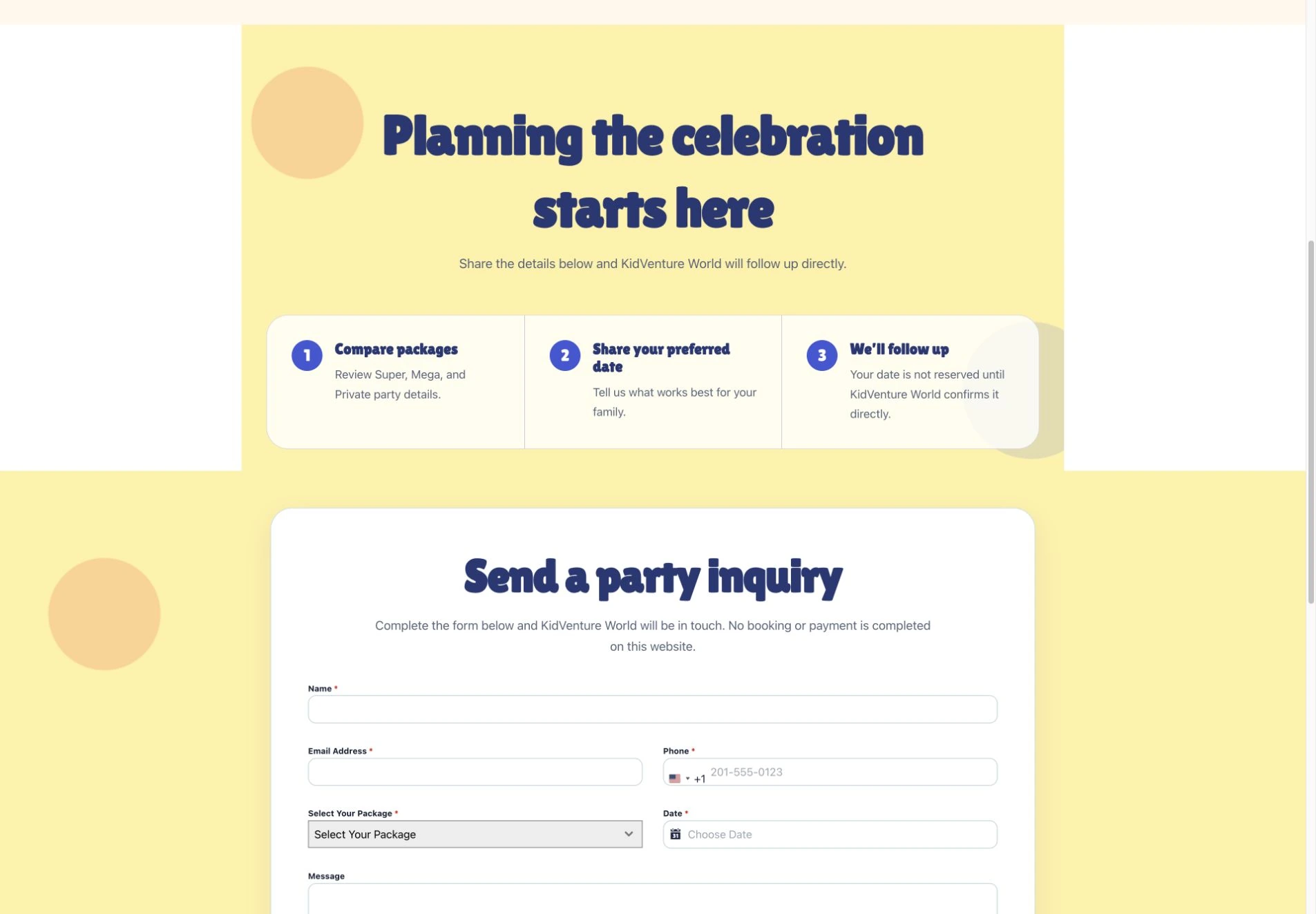 Kidventure World party inquiry page with planning instructions and its contact form