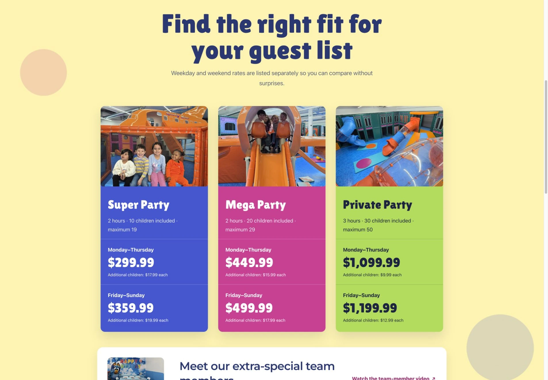 Kidventure World birthday party page comparing the Super, Mega, and Private packages