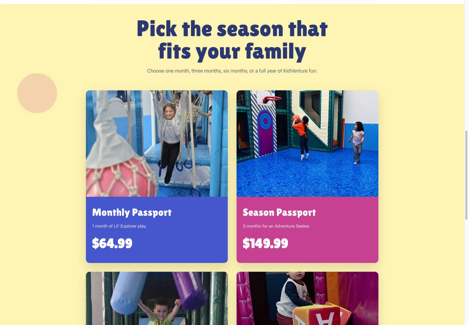 Kidventure World passports page with daily admission information and repeat-visit options
