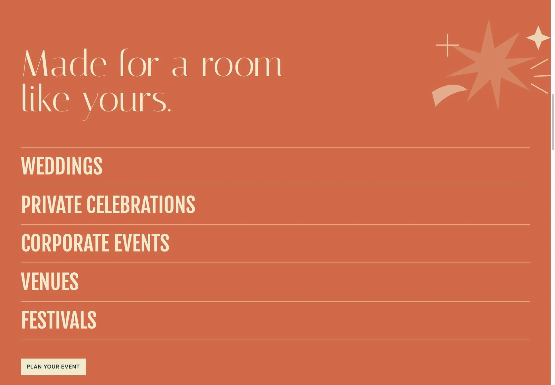 Mr. Lucky event section listing suitable occasions and a Plan your event booking action