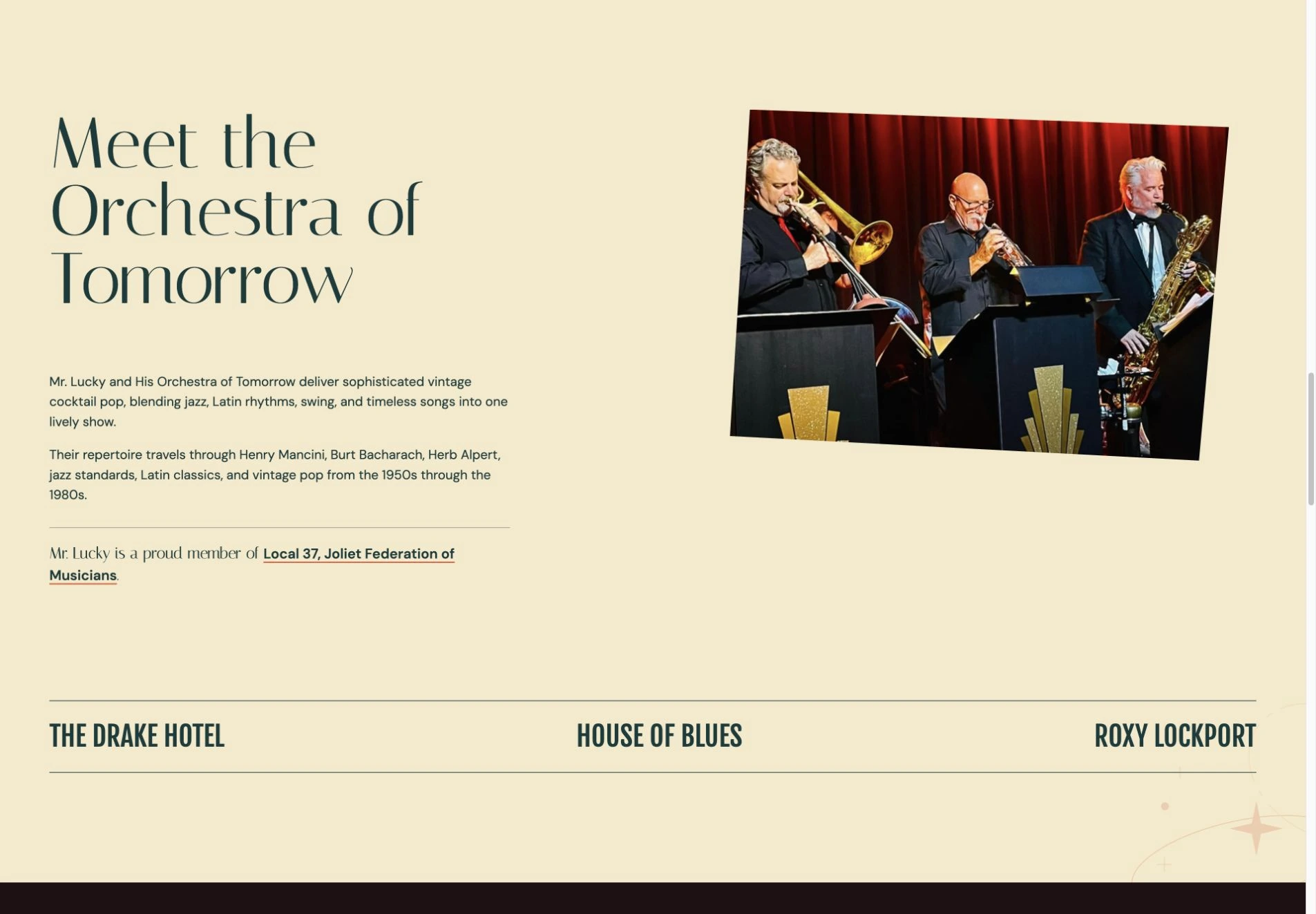 Mr. Lucky orchestra story with repertoire information, venue names, and the horn section performing